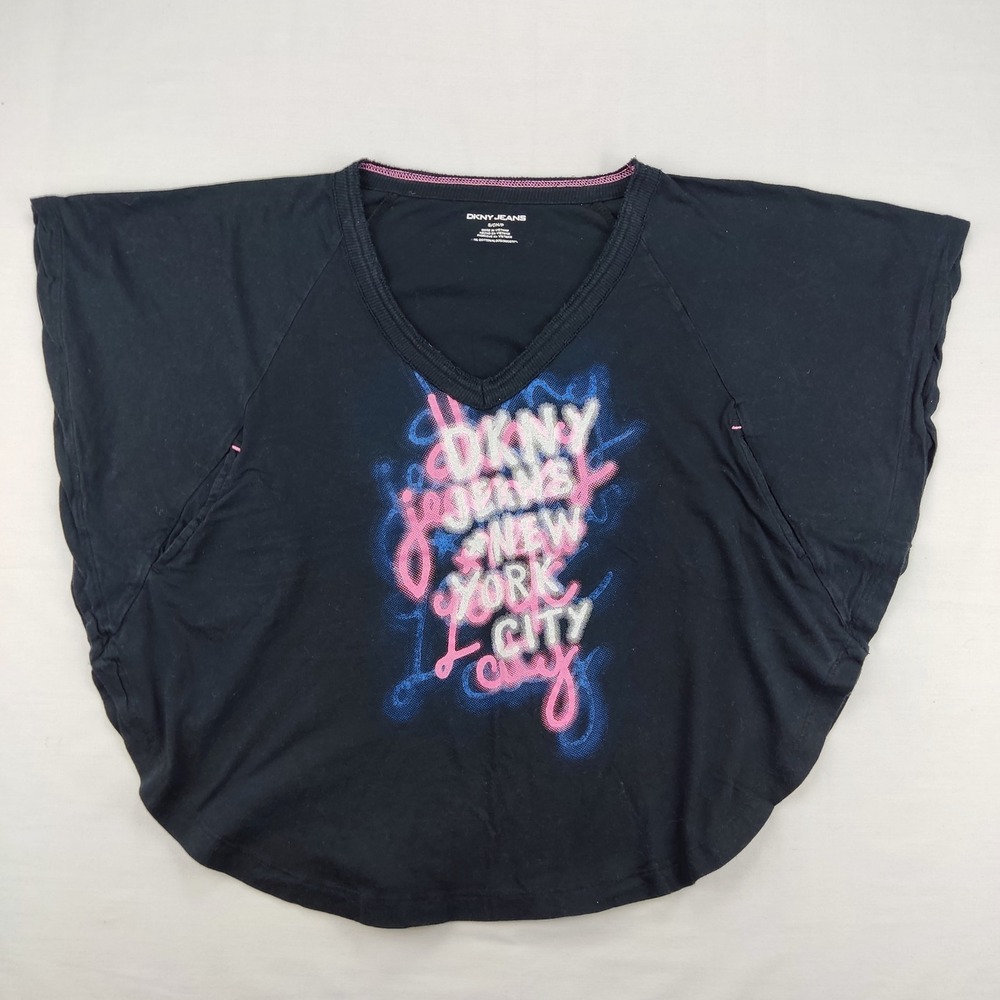 DKNY‎ Jeans T-Shirt Womens Small Black NYC Graphic Dolman Sleeve Cropped V-Neck